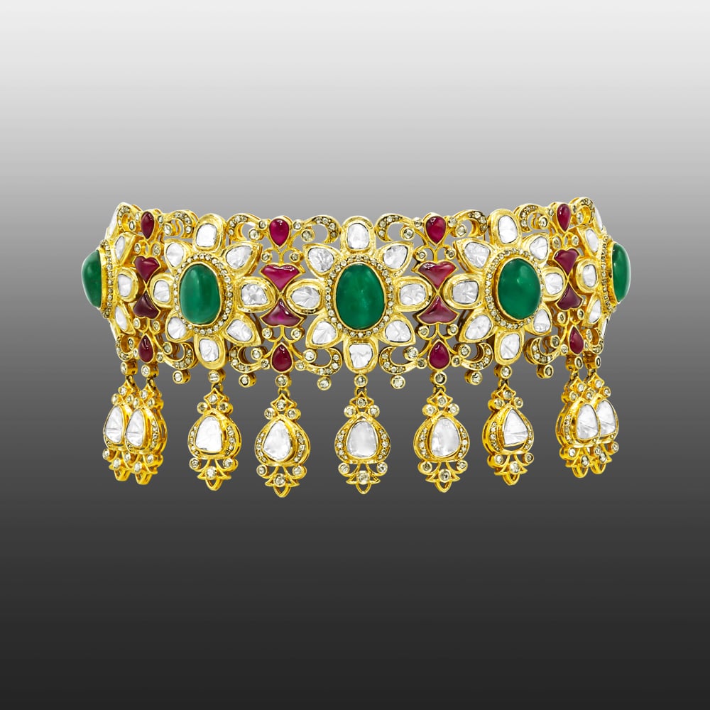 Fusion Choker with Emerald Cabochons, Rubies, and Polki